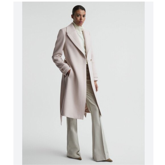 REISS Petite‎ Relaxed Wool Blend Mid Length Neutral Belted Coat Size 12 NWT - Picture 3 of 14